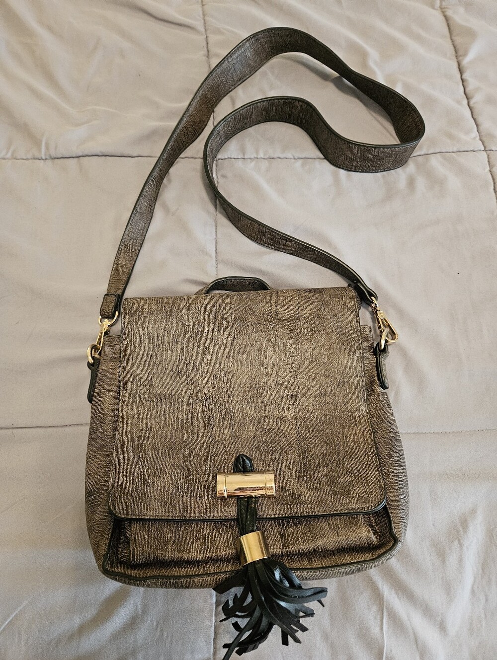 Metallic Taupe Women's Crossbody Bag with Tassel Accent